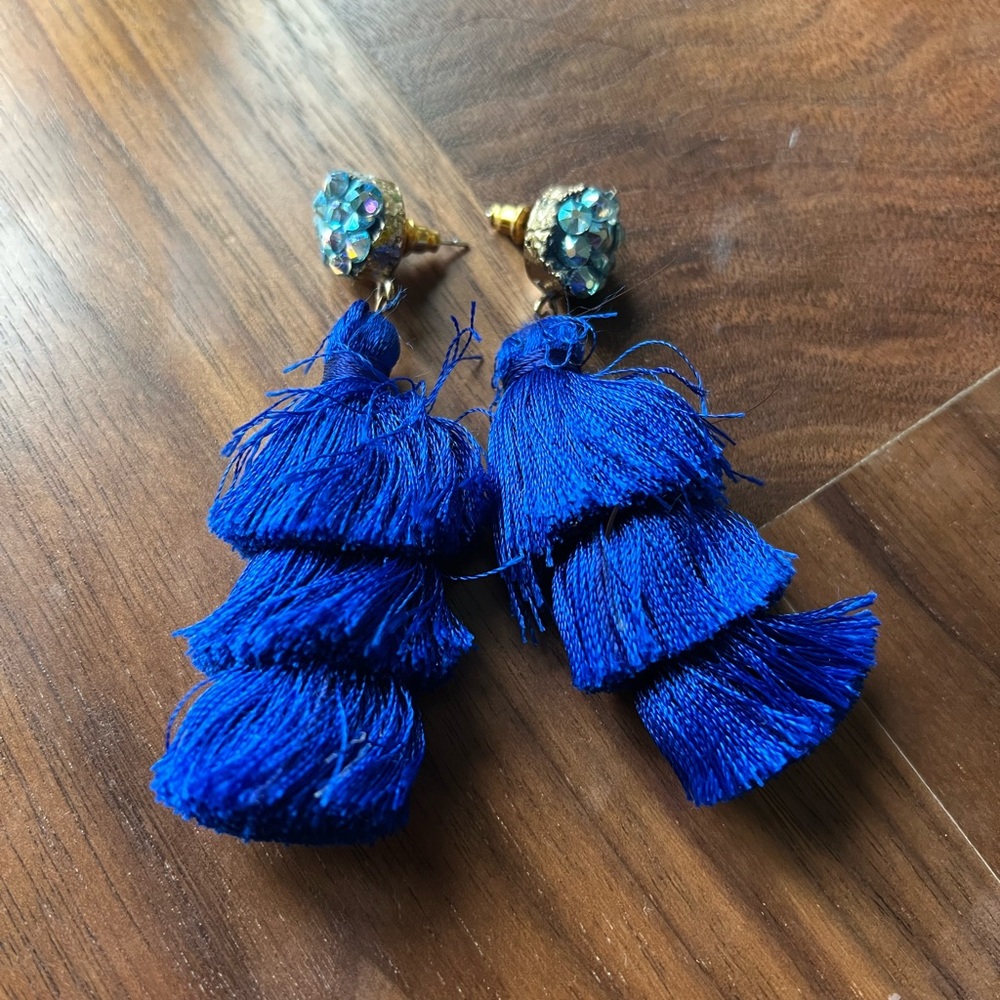Blue Tassel Earrings with Swarovski Rhinestone Studs